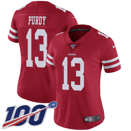 49ers #13 Brock Purdy Red Team Color Women’s Stitched NFL 100th Season Vapor Jersey