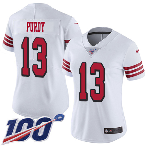 49ers #13 Brock Purdy White Rush Women’s Stitched NFL 100th Season Jersey