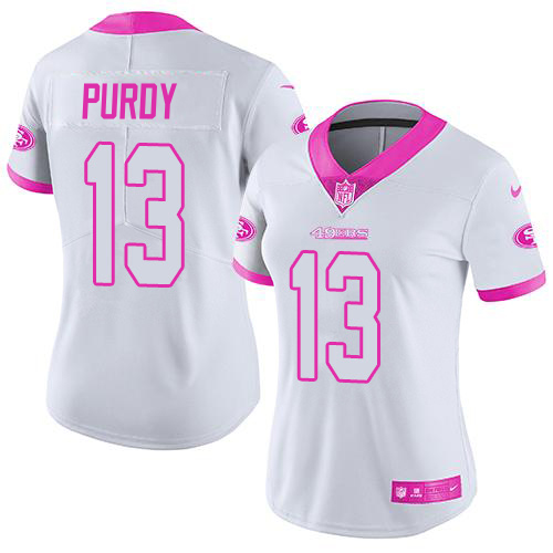 49ers #13 Brock Purdy White/Pink Women’s Stitched NFL Rush Fashion Jersey