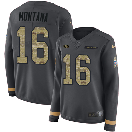 49ers #16 Joe Montana Anthracite Salute To Service Women’s Stitched NFL Therma Long Sleeve Jersey