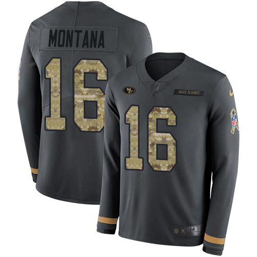 49ers #16 Joe Montana Anthracite Salute To Service Youth Stitched NFL Therma Long Sleeve Jersey