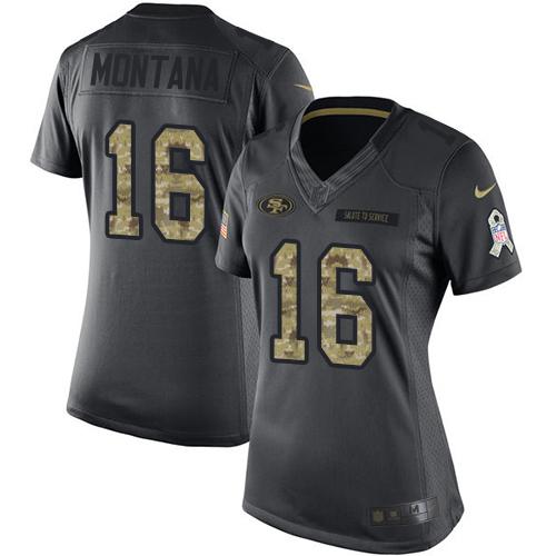 49ers #16 Joe Montana Black Women’s Stitched NFL 2016 Salute To Service Jersey