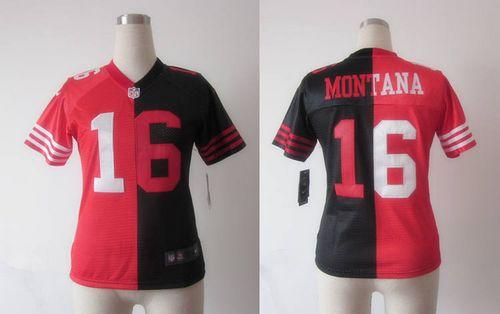 49ers #16 Joe Montana Black/Red Women’s Stitched NFL Elite Split Jersey