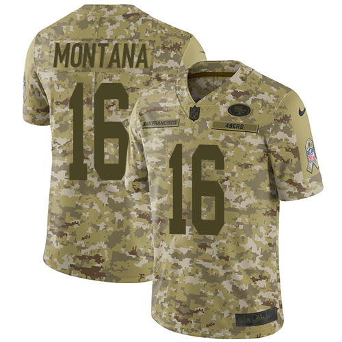 49ers #16 Joe Montana Camo Youth Stitched NFL 2018 Salute To Service Jersey