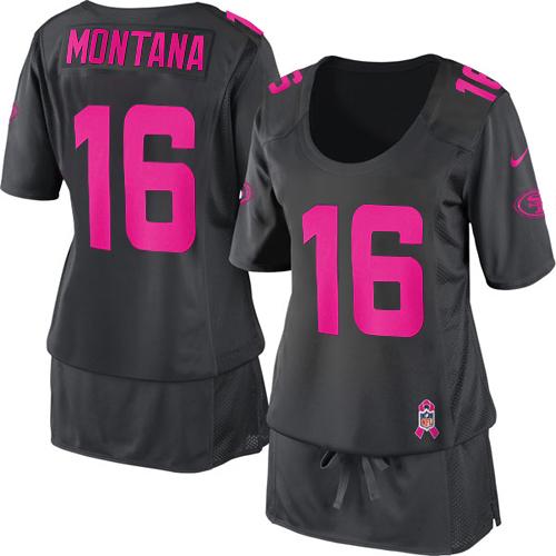 49ers #16 Joe Montana Dark Grey Women’s Breast Cancer Awareness Stitched NFL Elite Jersey