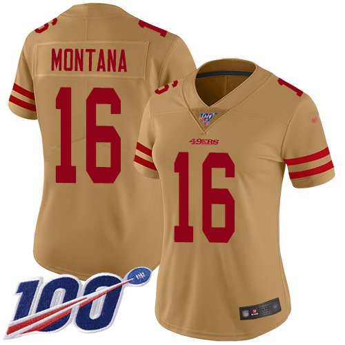 49ers #16 Joe Montana Gold Women’s Stitched NFL Inverted Legend 100th Season Jersey