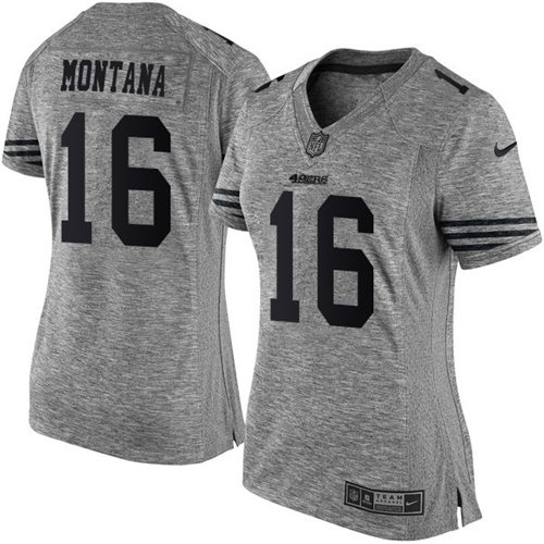 49ers #16 Joe Montana Gray Women’s Stitched NFL Gridiron Gray Jersey