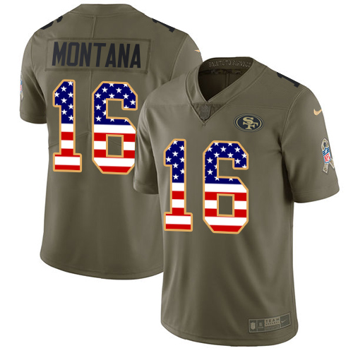 49ers #16 Joe Montana Olive/USA Flag Youth Stitched NFL 2017 Salute To Service Jersey