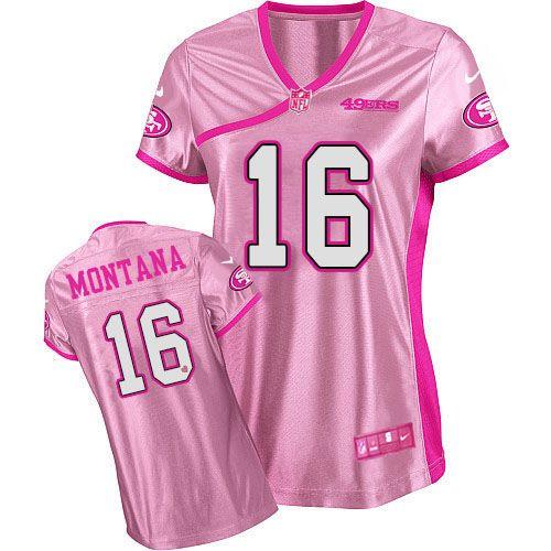 49ers #16 Joe Montana Pink Women’s Be Luv’d Stitched NFL Elite Jersey