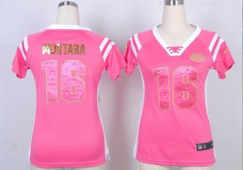 49ers #16 Joe Montana Pink Women’s Stitched NFL Elite Draft Him Shimmer Jersey