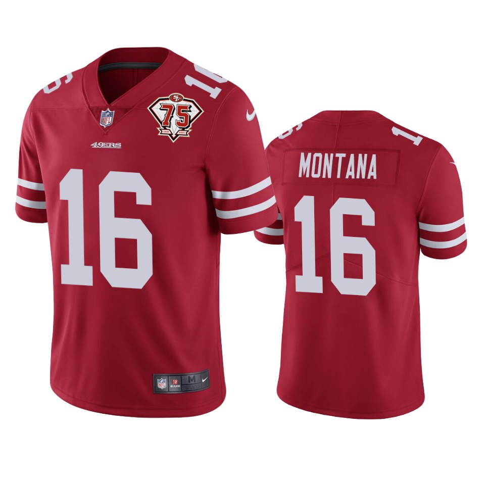 49ers #16 Joe Montana Red Men’s 75th Anniversary Stitched NFL Vapor Untouchable Jersey
