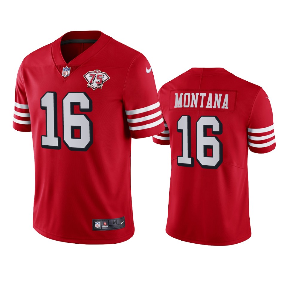 49ers #16 Joe Montana Red Rush Men’s 75th Anniversary Stitched NFL Vapor Untouchable Jersey