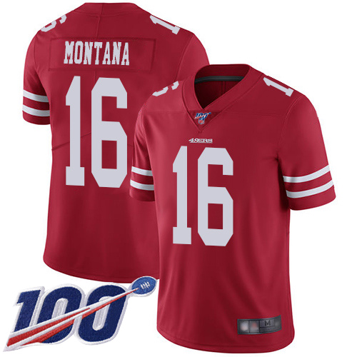 49ers #16 Joe Montana Red Team Color Men’s Stitched NFL 100th Season Vapor Jersey
