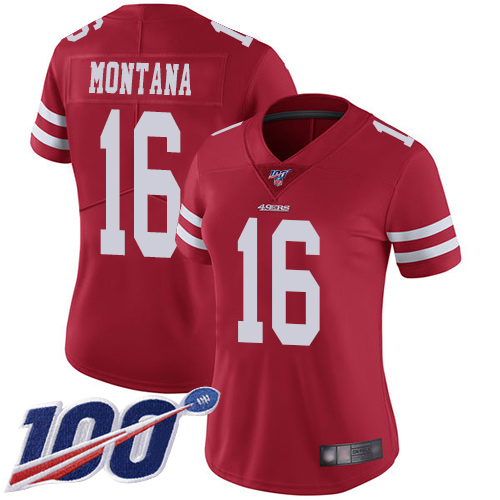 49ers #16 Joe Montana Red Team Color Women’s Stitched NFL 100th Season Vapor Jersey