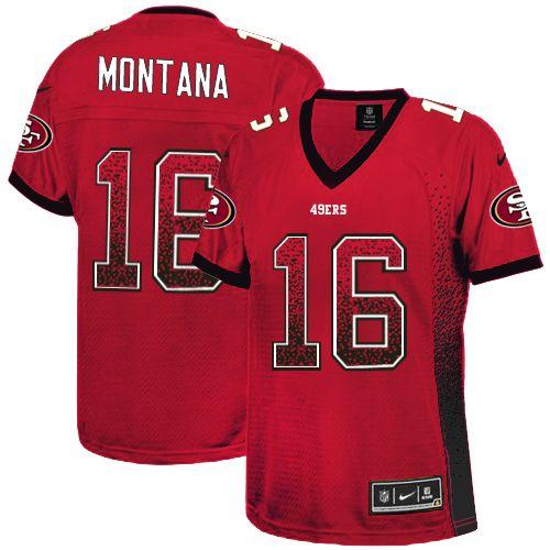 49ers #16 Joe Montana Red Team Color Women’s Stitched NFL Elite Drift Fashion Jersey