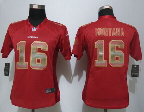 49ers #16 Joe Montana Red Team Color Women’s Stitched NFL Elite Strobe Jersey