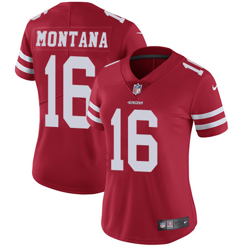 49ers #16 Joe Montana Red Team Color Women’s Stitched NFL Vapor Untouchable Jersey
