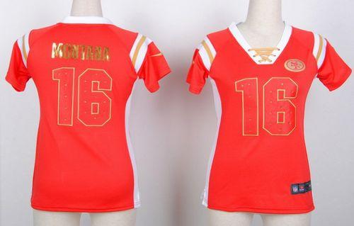 49ers #16 Joe Montana Red Women’s Stitched NFL Elite Draft Him Shimmer Jersey