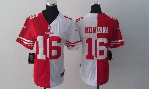 49ers #16 Joe Montana Red/White Women’s Stitched NFL Elite Split Jersey