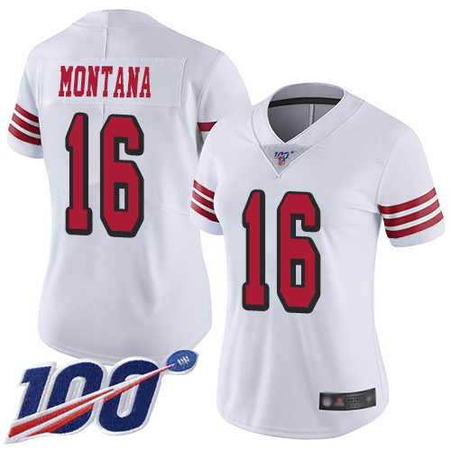 49ers #16 Joe Montana White Rush Women’s Stitched NFL 100th Season Jersey