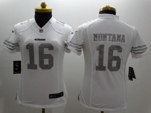 49ers #16 Joe Montana White Women’s Stitched NFL Platinum Jersey