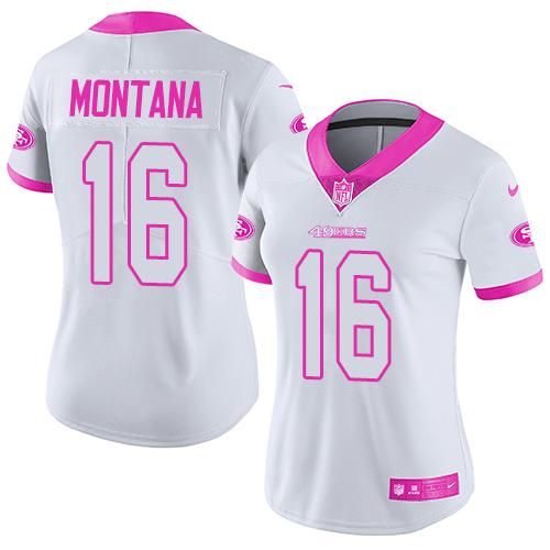 49ers #16 Joe Montana White/Pink Women’s Stitched NFL Rush Fashion Jersey