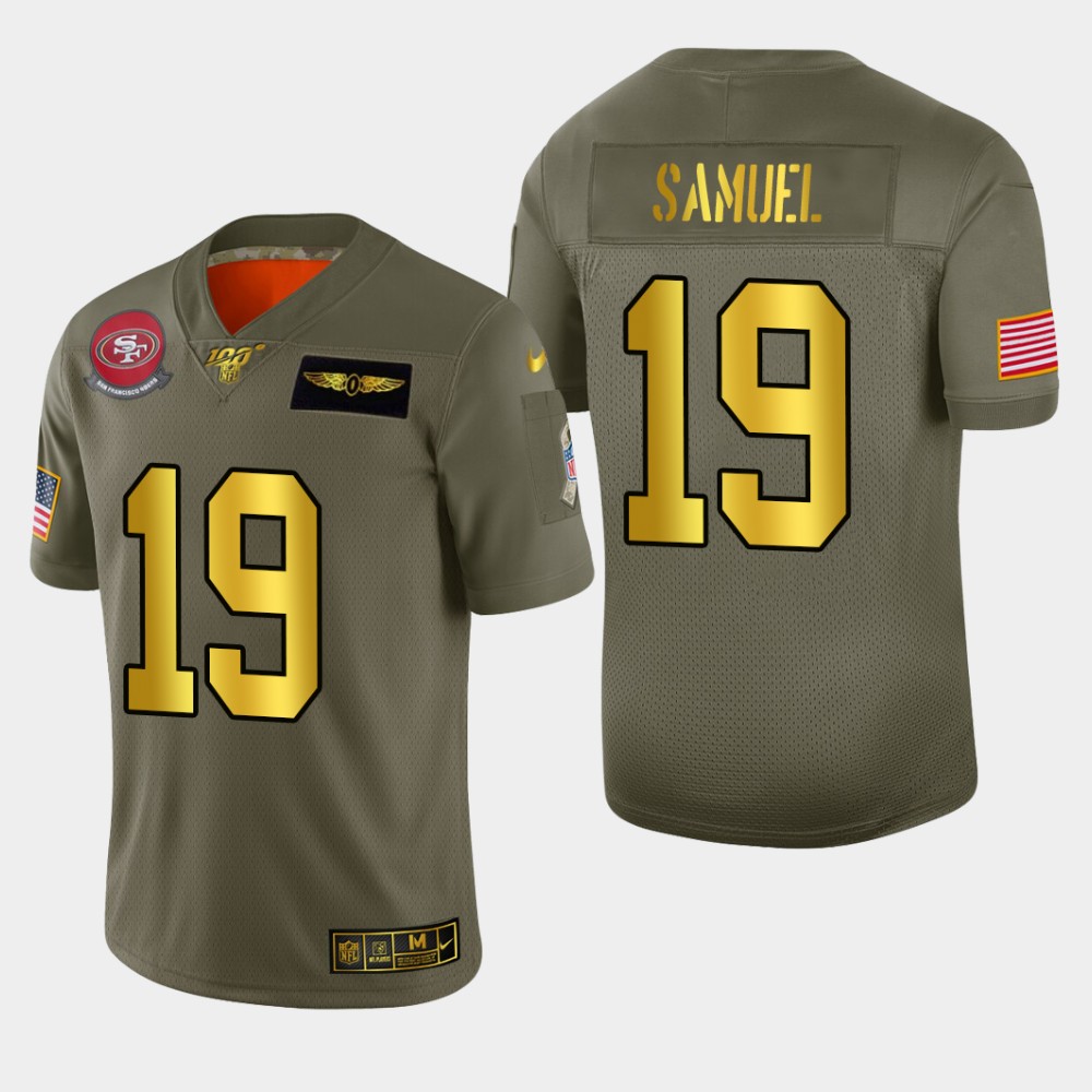 49ers #19 Deebo Samuel Men’s Olive Gold 2019 Salute To Service NFL 100 Jersey