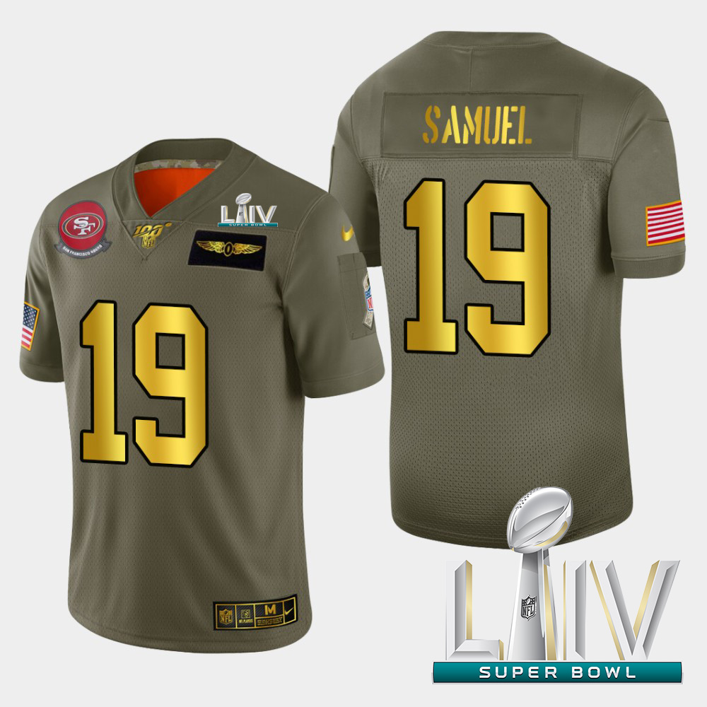 49ers #19 Deebo Samuel Men’s Olive Gold Super Bowl LIV 2020 2019 Salute To Service NFL 100 Jersey