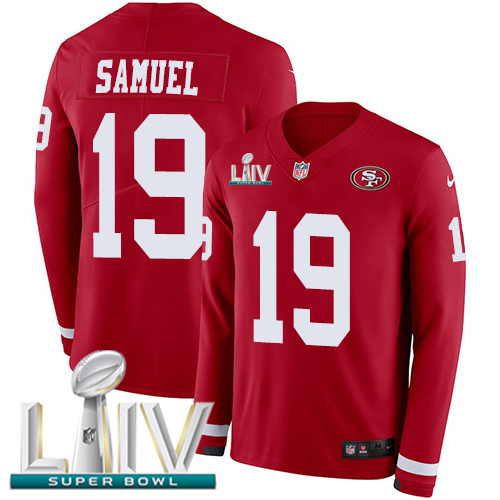 49ers #19 Deebo Samuel Red Super Bowl LIV 2020 Team Color Men’s Stitched NFL Therma Long Sleeve Jersey