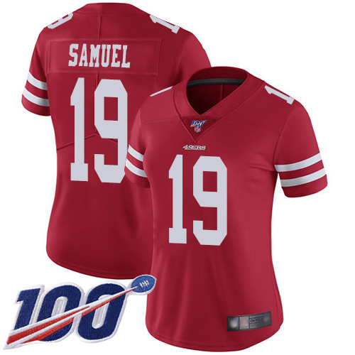 49ers #19 Deebo Samuel Red Team Color Women’s Stitched NFL 100th Season Vapor Jersey