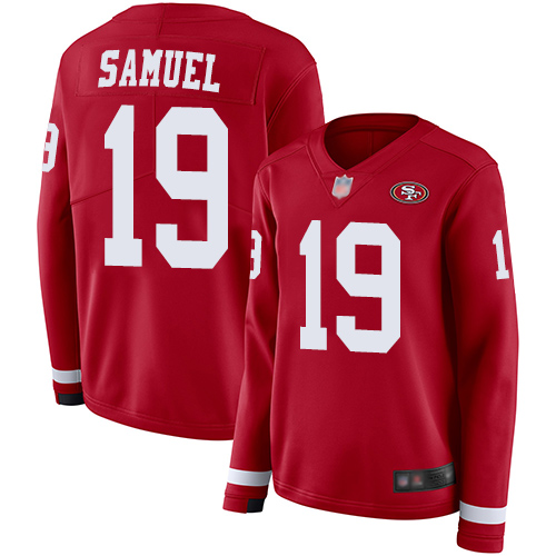 49ers #19 Deebo Samuel Red Team Color Women’s Stitched NFL Therma Long Sleeve Jersey