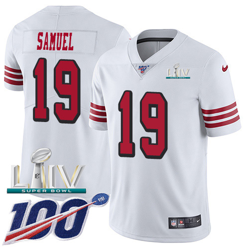 49ers #19 Deebo Samuel White Super Bowl LIV 2020 Rush Men’s Stitched NFL 100th Season Jersey