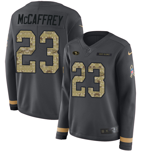 49ers #23 Christian McCaffrey Anthracite Salute To Service Women’s Stitched NFL Therma Long Sleeve Jersey