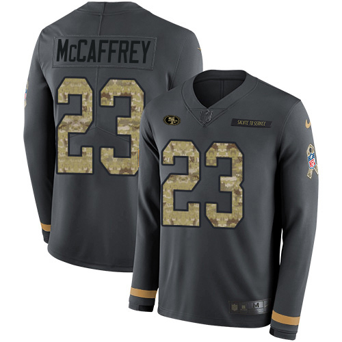 49ers #23 Christian McCaffrey Anthracite Salute To Service Youth Stitched NFL Therma Long Sleeve Jersey