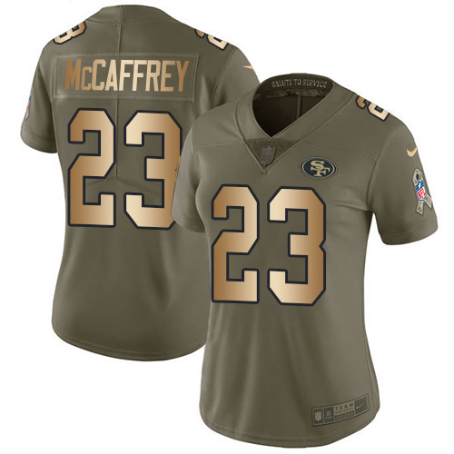49ers #23 Christian McCaffrey Olive/Gold Women’s Stitched NFL 2017 Salute To Service Jersey