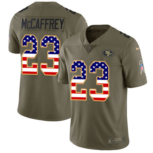 49ers #23 Christian McCaffrey Olive/USA Flag Men’s Stitched NFL 2017 Salute To Service Jersey