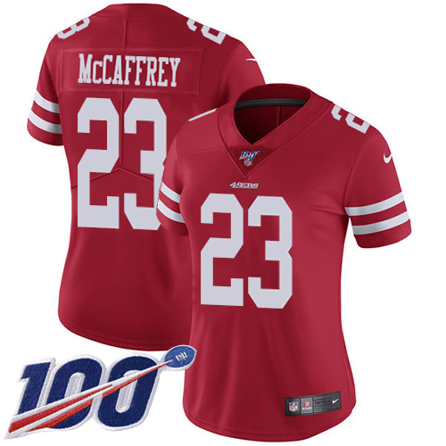 49ers #23 Christian McCaffrey Red Team Color Women’s Stitched NFL 100th Season Vapor Jersey