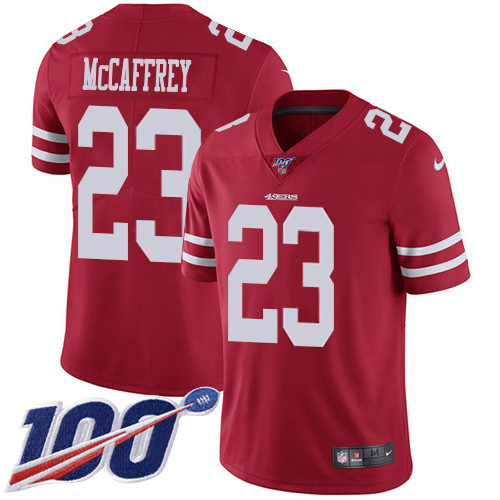 49ers #23 Christian McCaffrey Red Team Color Youth Stitched NFL 100th Season Vapor Jersey