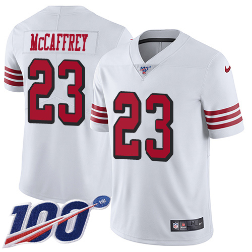 49ers #23 Christian McCaffrey White Rush Men’s Stitched NFL 100th Season Jersey