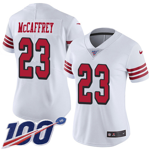 49ers #23 Christian McCaffrey White Rush Women’s Stitched NFL 100th Season Jersey