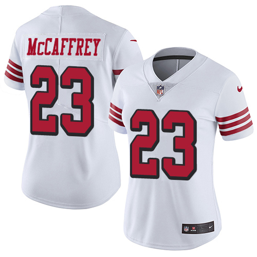 49ers #23 Christian McCaffrey White Rush Women’s Stitched NFL Vapor Untouchable Jersey