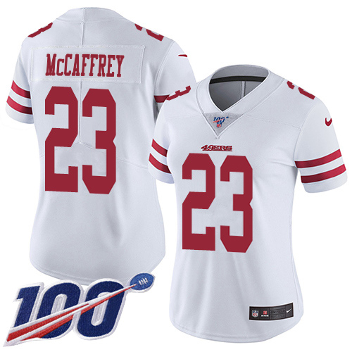 49ers #23 Christian McCaffrey White Women’s Stitched NFL 100th Season Vapor Jersey