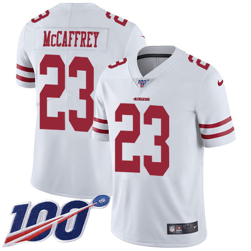 49ers #23 Christian McCaffrey White Youth Stitched NFL 100th Season Vapor Jersey