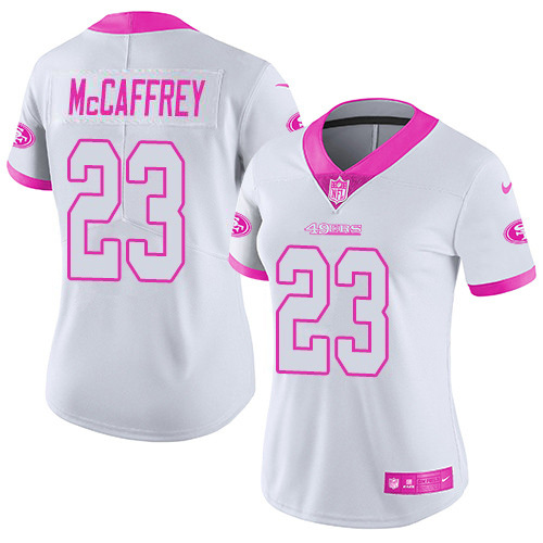 49ers #23 Christian McCaffrey White/Pink Women’s Stitched NFL Rush Fashion Jersey