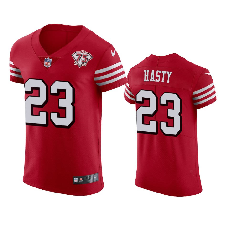 49ers #23 Jamycal Hasty Red Rush Men’s 75th Anniversary Stitched NFL Vapor Untouchable Elite Jersey