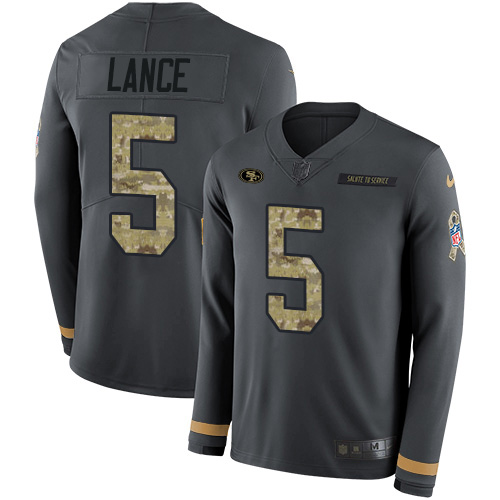 49ers #5 Trey Lance Anthracite Salute To Service Youth Stitched NFL Therma Long Sleeve Jersey