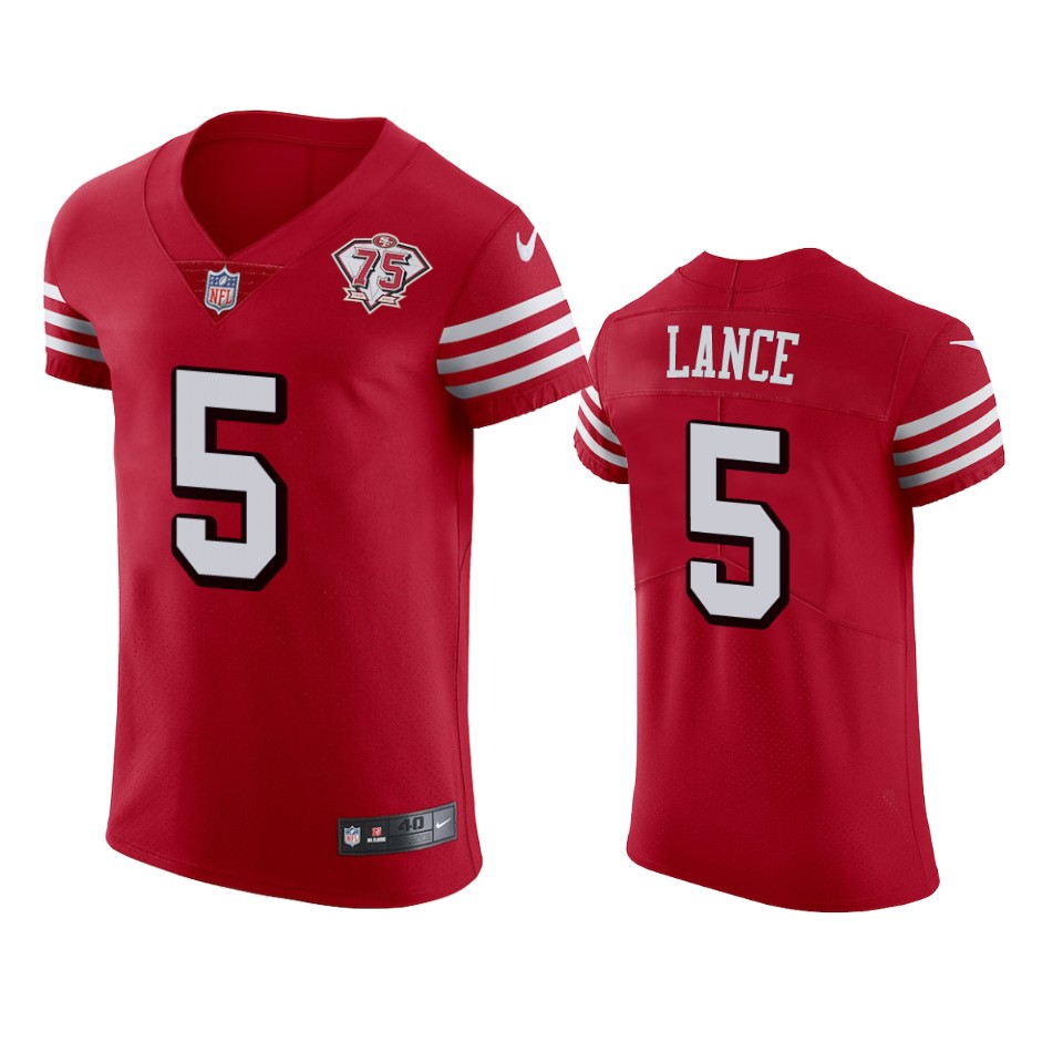 49ers #5 Trey Lance Red Rush Men’s 75th Anniversary Stitched NFL Vapor Untouchable Elite Jersey