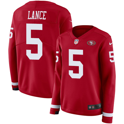 49ers #5 Trey Lance Red Team Color Women’s Stitched NFL Therma Long Sleeve Jersey