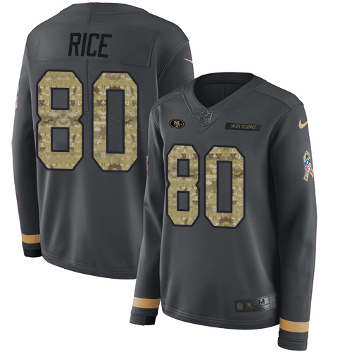 49ers #80 Jerry Rice Anthracite Salute To Service Women’s Stitched NFL Therma Long Sleeve Jersey