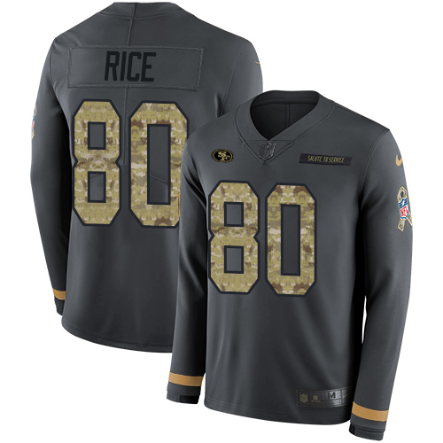 49ers #80 Jerry Rice Anthracite Salute To Service Youth Stitched NFL Therma Long Sleeve Jersey